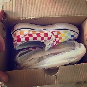 Vans rainbow checkered slip on’s